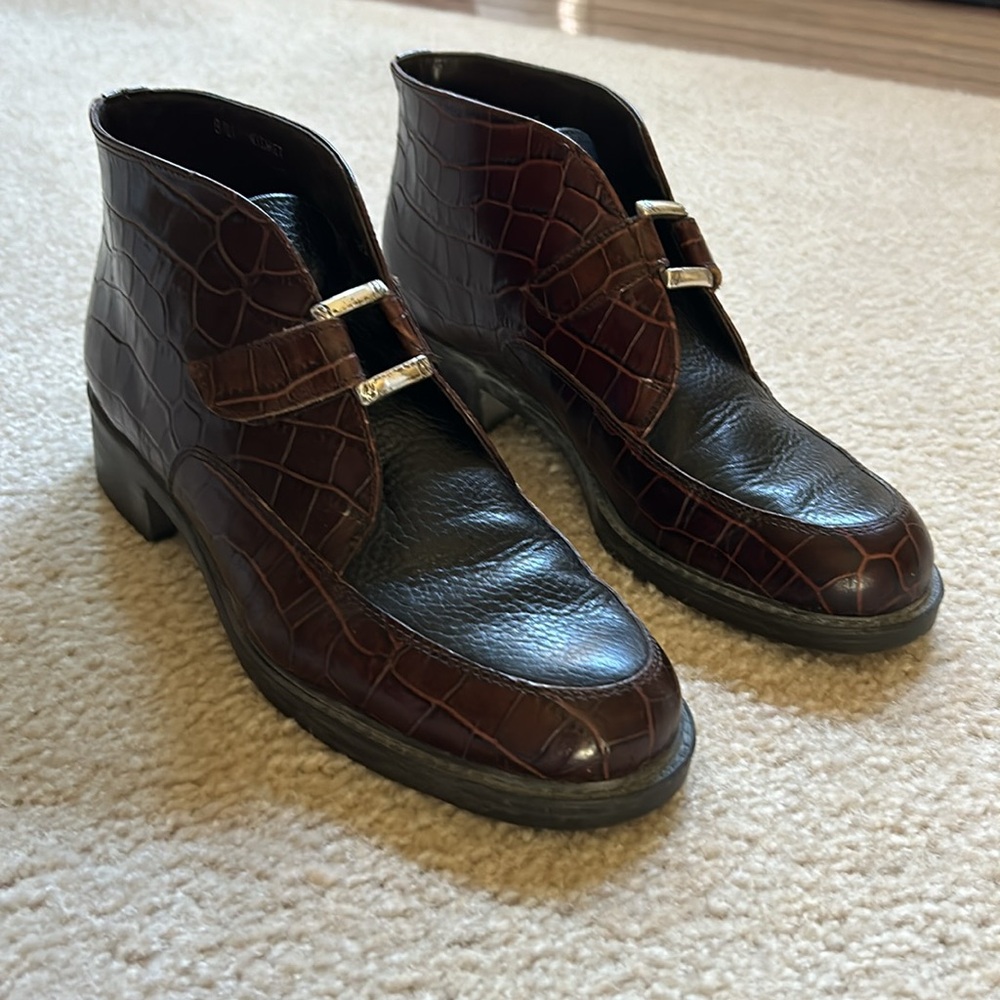 Brighton Kismet chestnut croc black booties.
